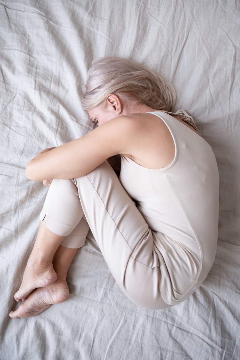 Stressed middle aged woman lying on bed in fetal position.